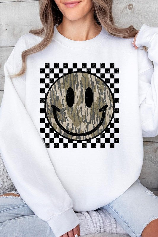 Retro Camo Smiley Face Plus Fleece Sweatshirts