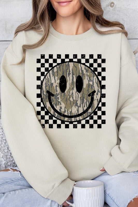 Retro Camo Smiley Face Plus Fleece Sweatshirts