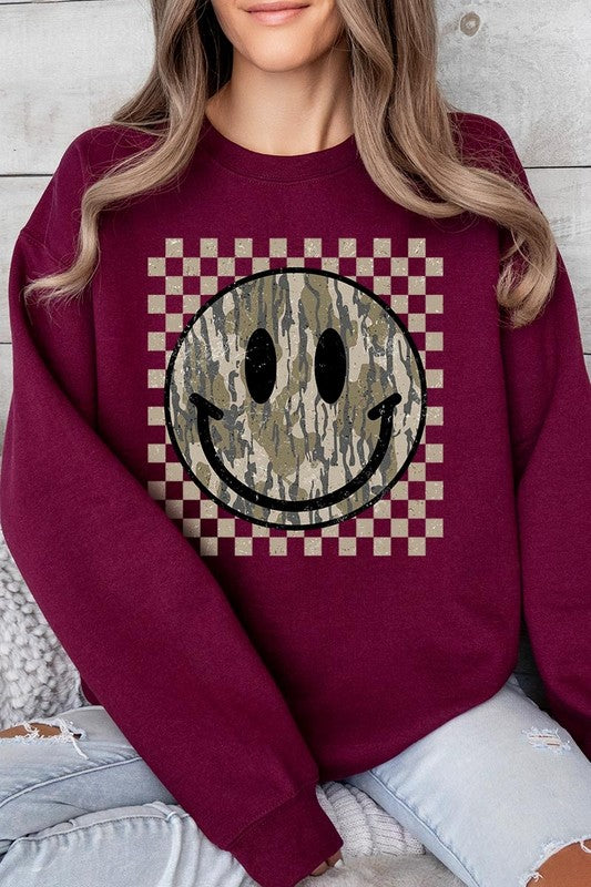 Retro Camo Smiley Face Plus Fleece Sweatshirts