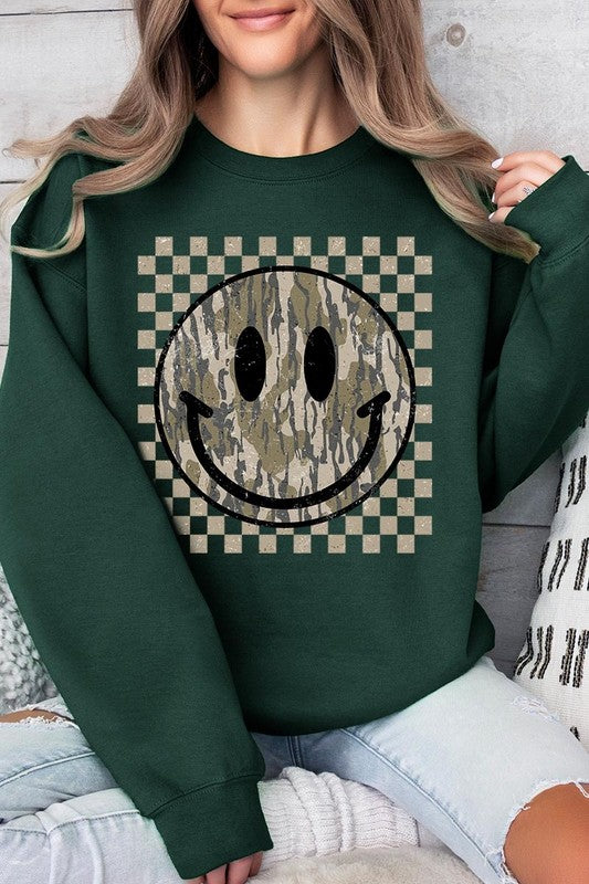 Retro Camo Smiley Face Plus Fleece Sweatshirts