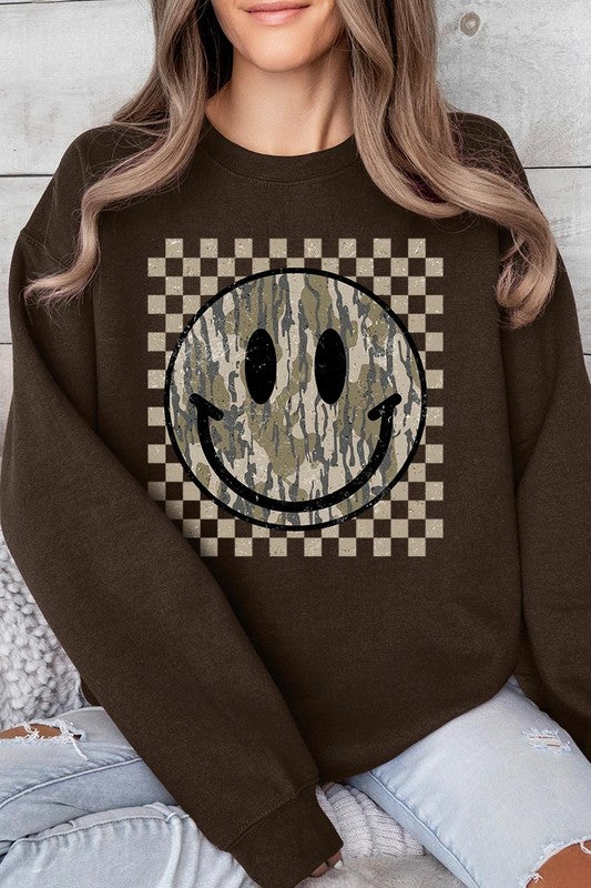 Retro Camo Smiley Face Plus Fleece Sweatshirts