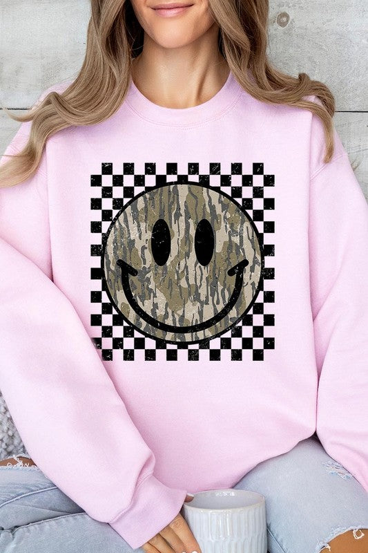 Retro Camo Smiley Face Plus Fleece Sweatshirts