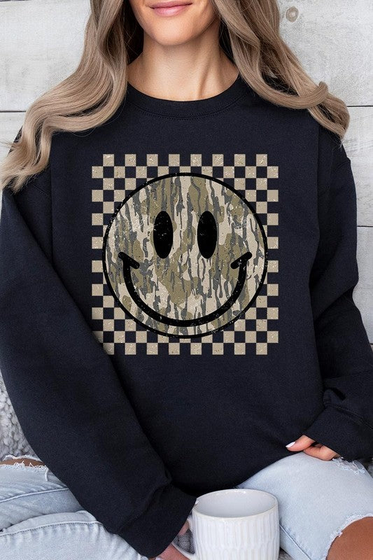 Retro Camo Smiley Face Plus Fleece Sweatshirts