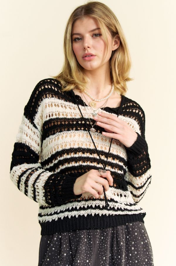 Davi & Dani Contrast Striped Crochet Drop Shoulder Knit Cover Up