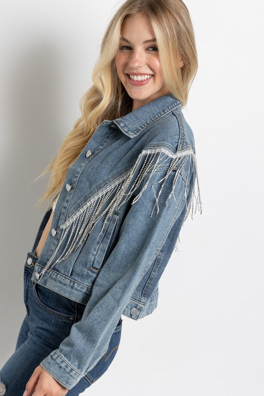 Crop Denim Jacket with Rhinestone Fringe