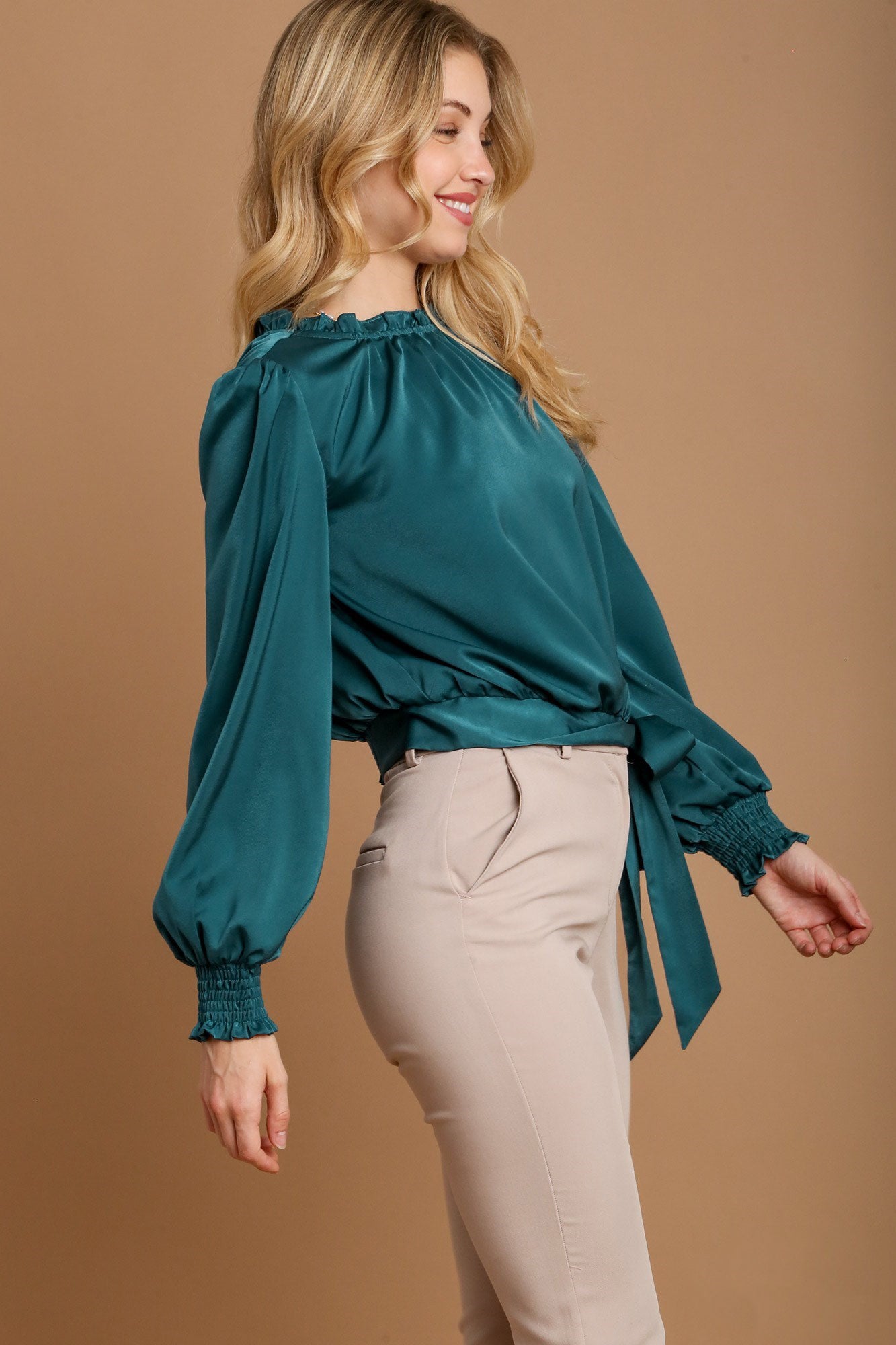 Umgee Frill Tied Hem Long Sleeve Blouse