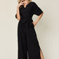 Double Take Full Size V-Neck Tie Front Short Sleeve Slit Jumpsuit