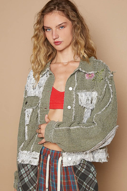 POL Crochet Patch Embroidered Button Up Jacket