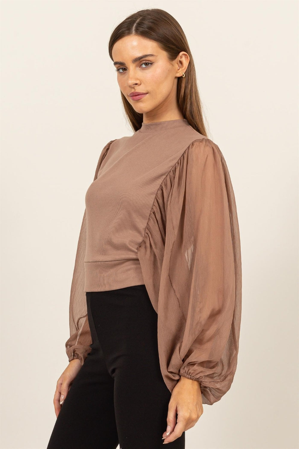 HYFVE Ruched Sheer Long Sleeve Mock Neck Blouse