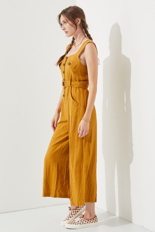 Plus Sleeveless Square Neck Button Ankle Jumpsuit