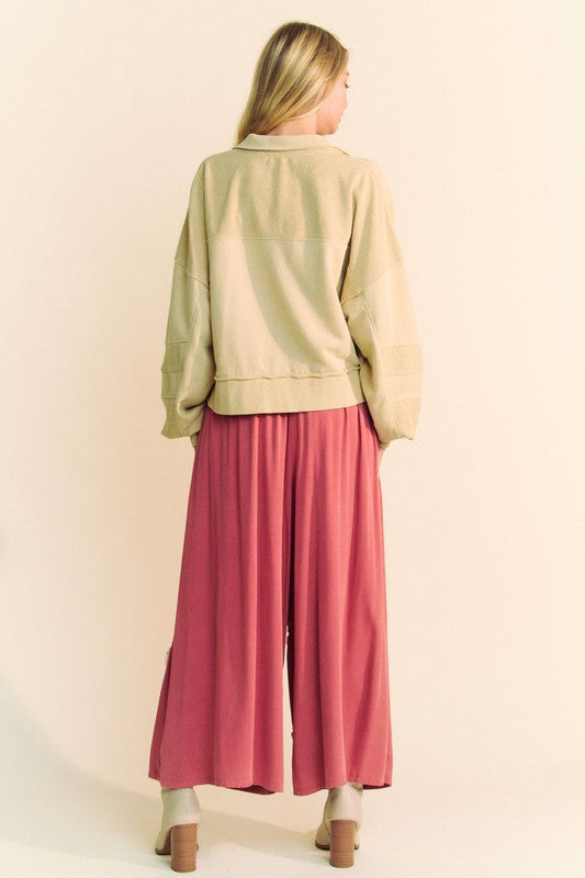 Davi & Dani Smocked Waist Flower Patch Wide Leg Pants