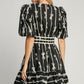 Umgee Ribbon Print Frill Contrast Velvet Trim Half Sleeve Dress