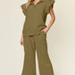 Double Take Texture Ruffle Short Sleeve Top and Drawstring Wide Leg Pants Set