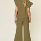 Double Take Texture Ruffle Short Sleeve Top and Drawstring Wide Leg Pants Set