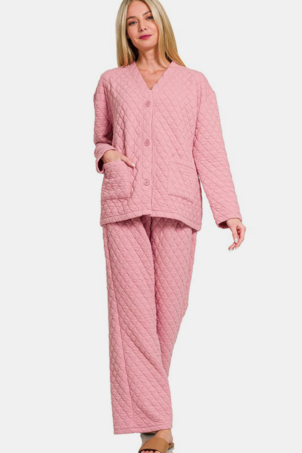 Zenana Quilted Button Up Long Sleeve Top and Pants Lounge Set