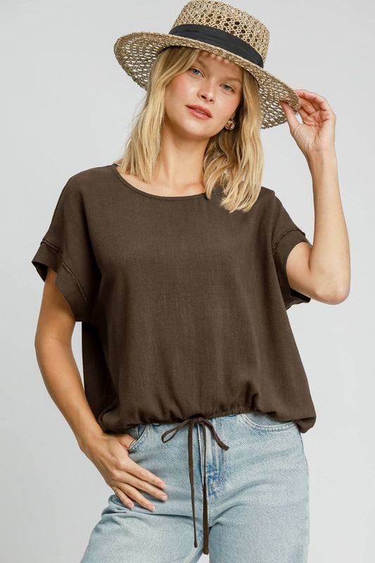 Umgee Drawstring Hem Round Neck Short Sleeve T-Shirt