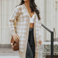 Women Khaki Open Front Plaid Long Cardigan