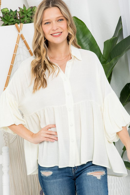 Plus Solid Button Down Blouse