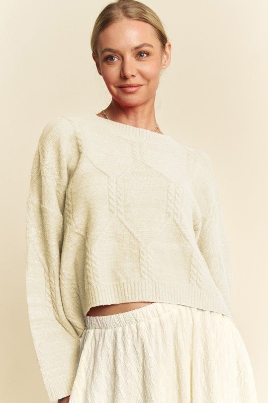 Davi & Dani Diamond Cable Pattern Drop Shoulder Sweater