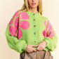 Davi & Dani Flower Contrast Round Neck Long Sleeve Cardigan