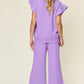 Double Take Texture Ruffle Short Sleeve Top and Drawstring Wide Leg Pants Set