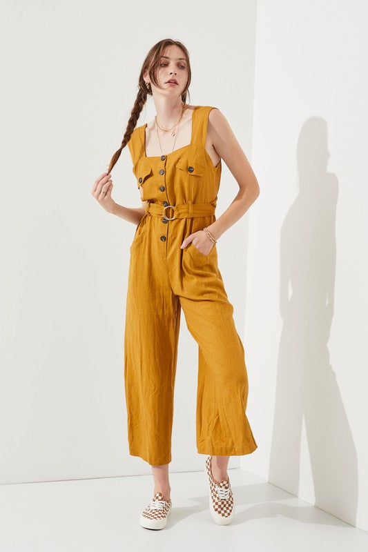 Plus Sleeveless Square Neck Button Ankle Jumpsuit