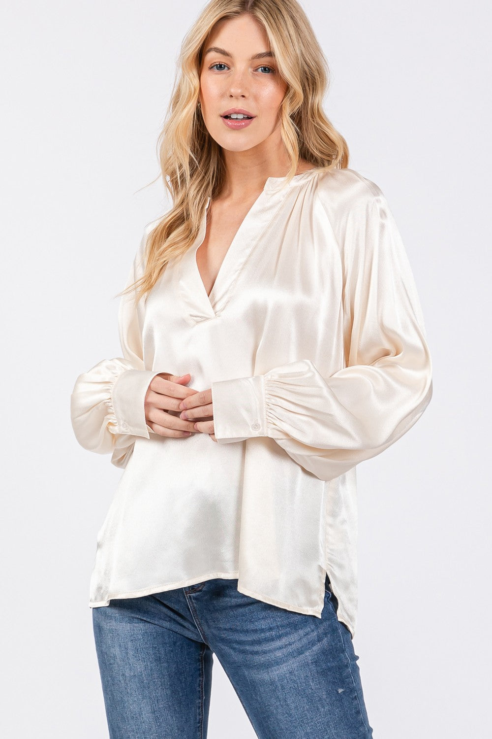 SAGE + FIG Notched Long Sleeve Blouse