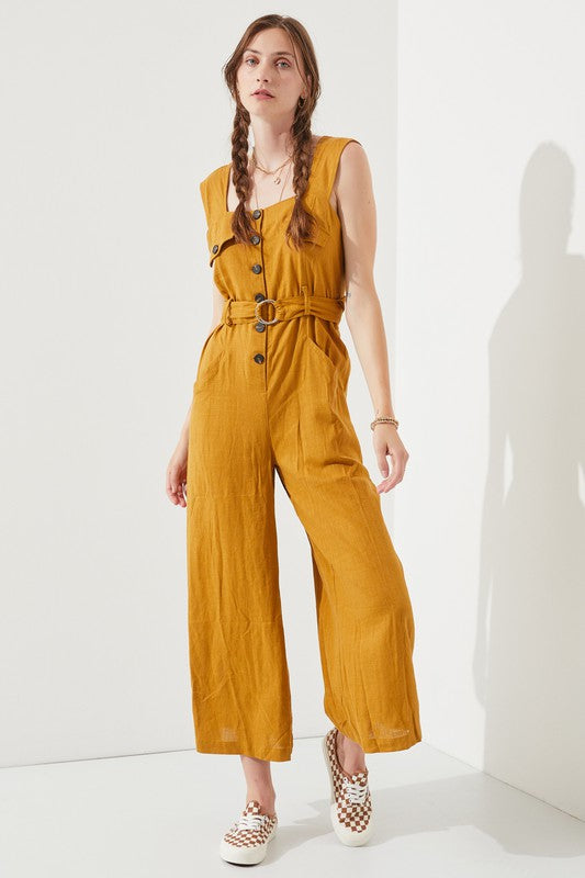 Plus Sleeveless Square Neck Button Ankle Jumpsuit