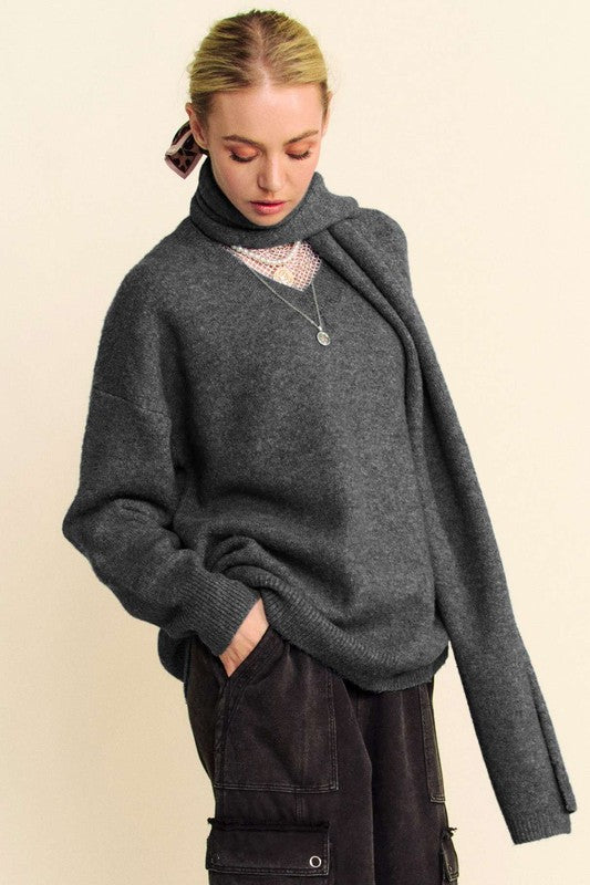 Davi & Dani V-Neck Dropped Shoulder Sweater with Scarf Set