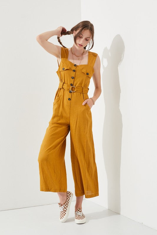 Plus Sleeveless Square Neck Button Ankle Jumpsuit