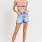 RISEN High Rise Distressed Hem Denim Shorts