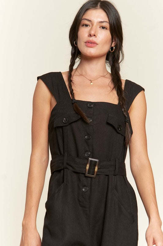 Plus Sleeveless Square Neck Button Ankle Jumpsuit