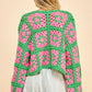 Davi & Dani Full Size Two Tone Flower Square Crochet Open Front Cardigan