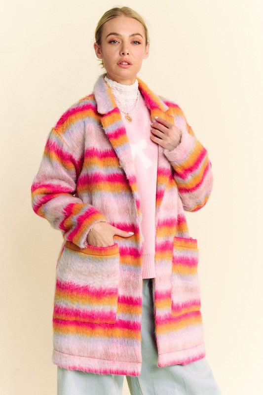 Davi & Dani Contrast Striped Open Front Coat with Pockets