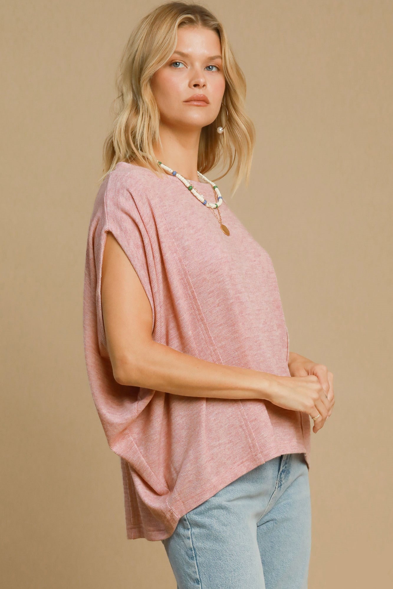 Umgee Exposed Seam Round Neck Batwing Sleeve Knit Top