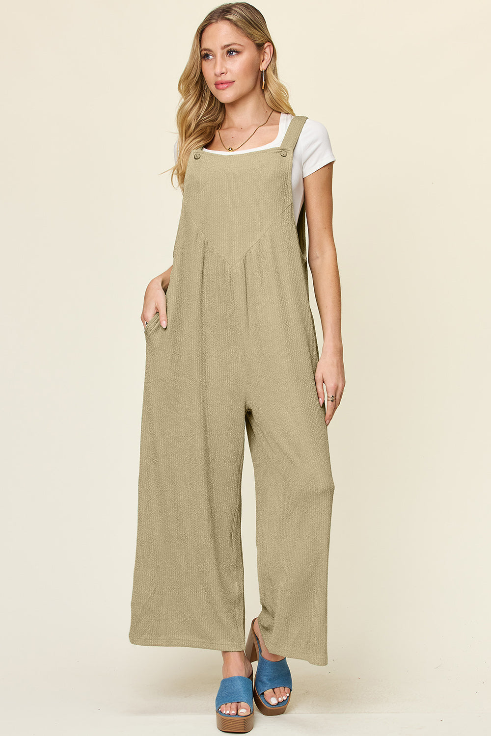 Double Take Full Size Texture Sleeveless Wide Leg Overall