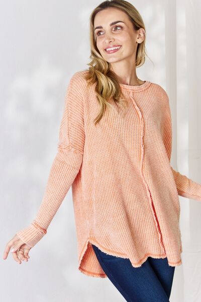 Zenana Oversized Washed Waffle Long Sleeve Top