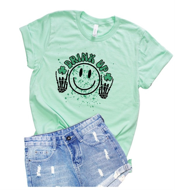 Drink Up Smiley Face St Patricks Day Crew Neck Tee