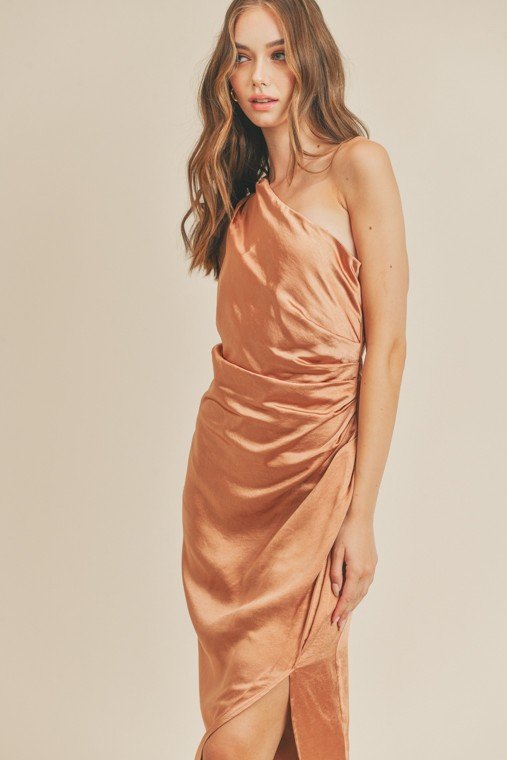 One Shoulder Satin Midi Dress