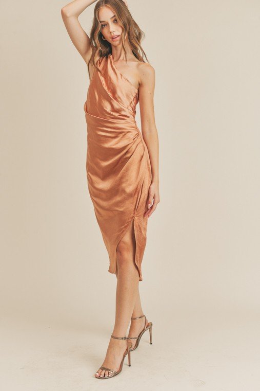 One Shoulder Satin Midi Dress