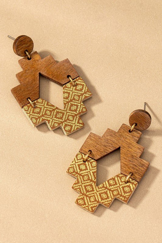 Aztec half wood half leather drop earrings - Emmie Gray Boutique