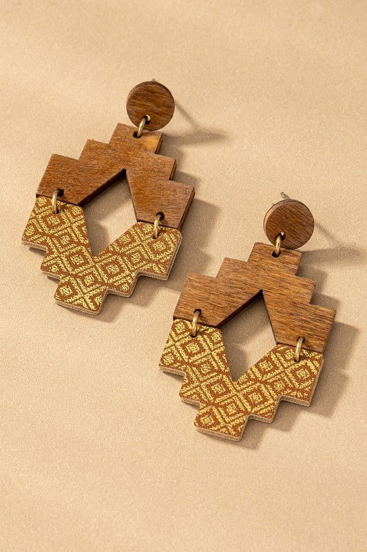 Aztec half wood half leather drop earrings - Emmie Gray Boutique