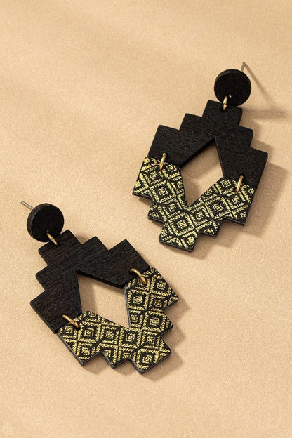 Aztec half wood half leather drop earrings - Emmie Gray Boutique