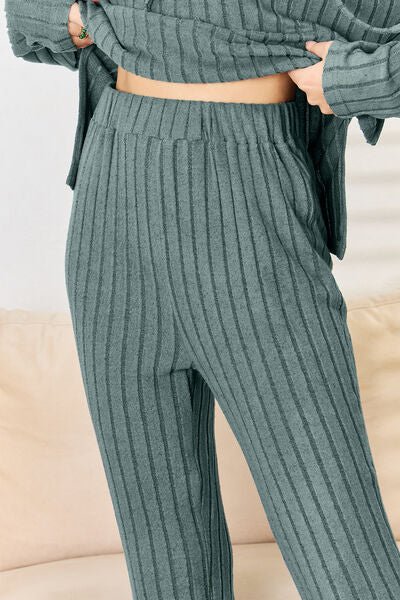 Basic Bae Full Size Ribbed Drawstring Hood Top and Straight Pants Set - Emmie Gray Boutique