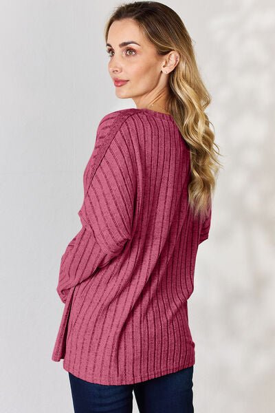 Basic Bae Full Size Ribbed Half Button Long Sleeve T-Shirt - Emmie Gray Boutique