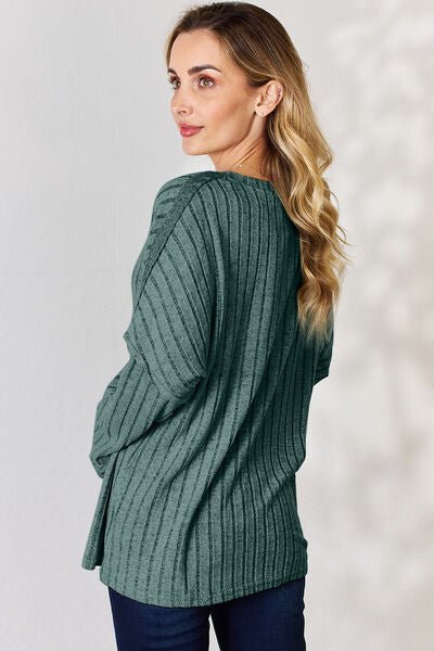 Basic Bae Full Size Ribbed Half Button Long Sleeve T-Shirt - Emmie Gray Boutique