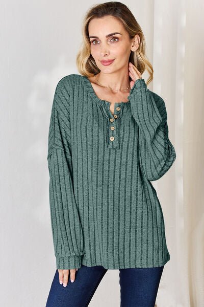 Basic Bae Full Size Ribbed Half Button Long Sleeve T-Shirt - Emmie Gray Boutique