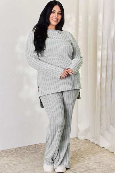 Basic Bae Full Size Ribbed High-Low Top and Wide Leg Pants Set - Emmie Gray Boutique