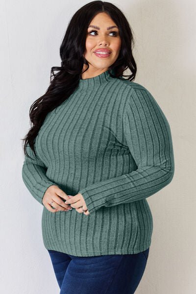 Basic Bae Full Size Ribbed Mock Neck Long Sleeve T-Shirt - Emmie Gray Boutique