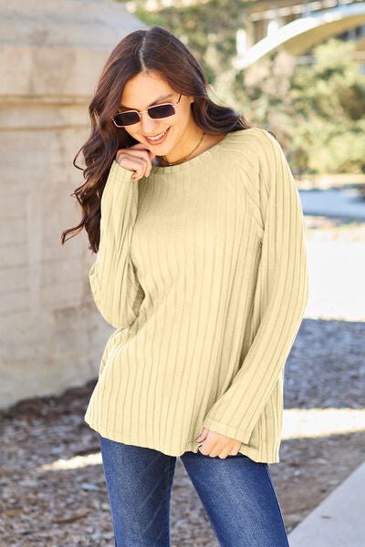 Basic Bae Full Size Ribbed Round Neck Long Sleeve Knit Top - Emmie Gray Boutique